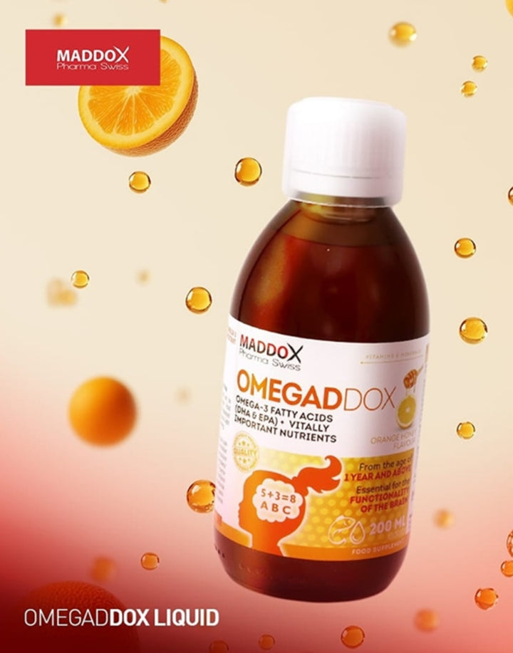 MADDOX Omegadox Omega 3 Orange Honey Flavour Liquid - 200ml | مادوكس أوميجادوكس شراب بنكهة العسل والبرتقال - 200مل