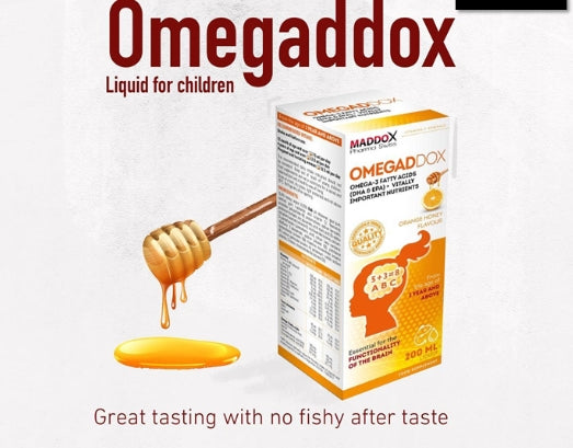 MADDOX Omegadox Omega 3 Orange Honey Flavour Liquid - 200ml | مادوكس أوميجادوكس شراب بنكهة العسل والبرتقال - 200مل