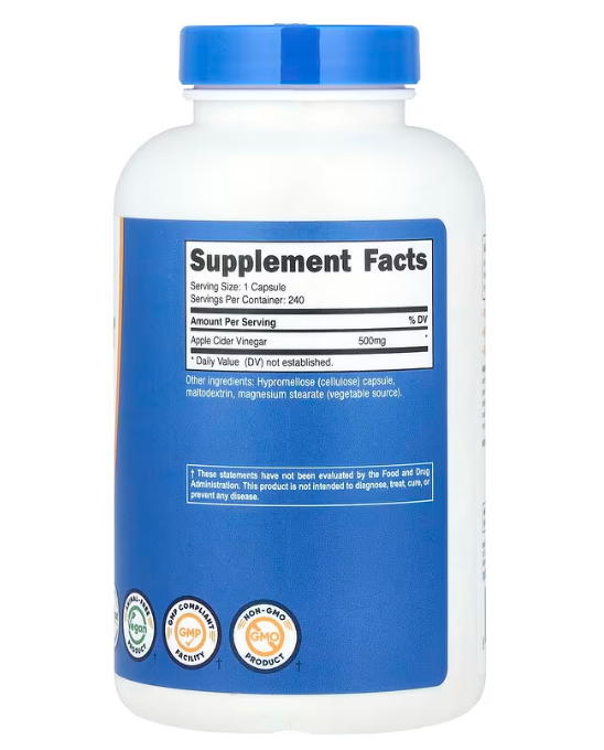 Nutricost Apple Cider Vinegar 500 mg - 240 Capsules | نيوتريكوست مكمل غذائي يحتوي على خل التفاح الطبيعي 500 ملغ - 240 كبسولة