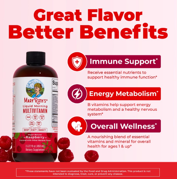 MARY RUTHS Liquid Morning Multivitamin Raspberry Flavored - 450ml | ماري روث مالتي فيتامين صباحي سائل بنكهة التوت - 450 مل