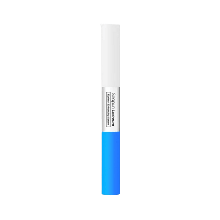 Seapuri Lashrum Eyelash Enhancing Serum, cylindrical tube with white top, blue bottom, printed text branding, 608x628px 
