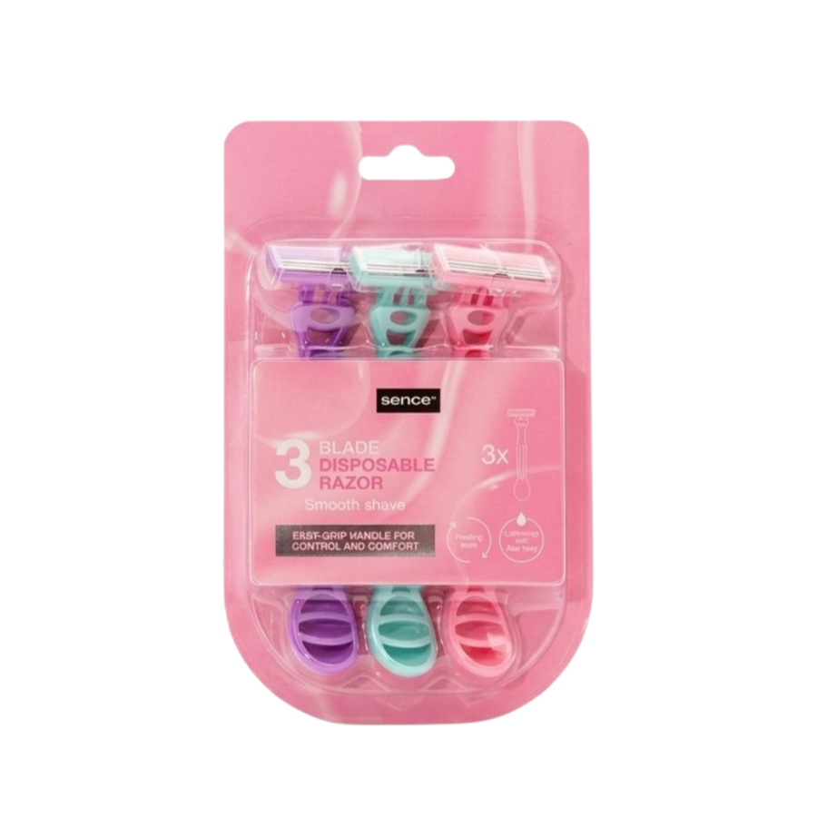 Sence 3 blade disposable razors with colorful handles and pink packaging, smooth shave design, pack of 3.