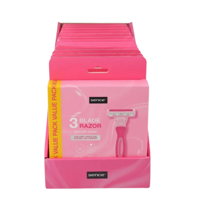 Sence 3 blade razor with pink handle and smooth shave design in value pack packaging.