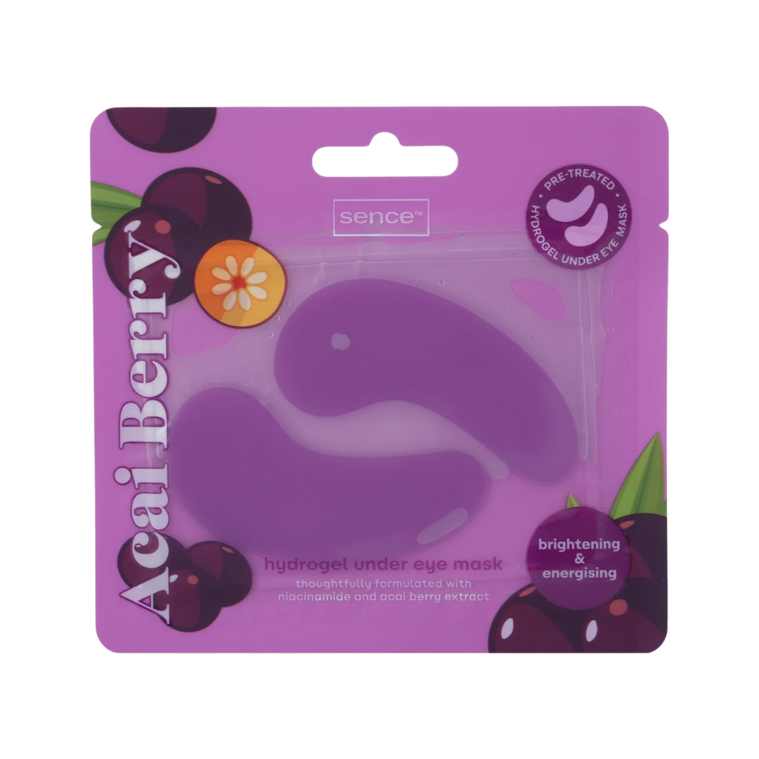 Sence Acai Berry hydrogel under eye mask patches with purple packaging and berry design, 6ml.
