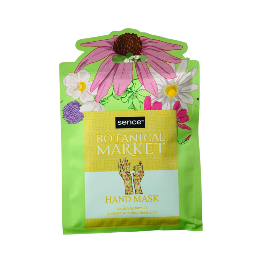Sence Botanical Market Hand Mask sachet with green packaging and floral illustrations
