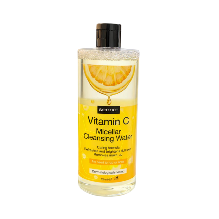 Sence Vitamin C micellar cleansing water 750ml clear bottle with black cap and lemon graphic