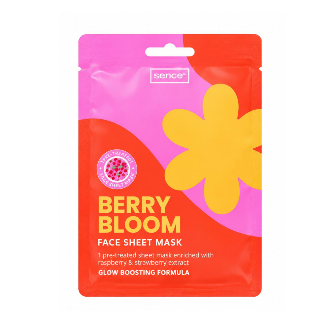 Sence Berry Bloom face sheet mask pouch with pink and orange packaging, raspberry and strawberry extract formula, 20ml.