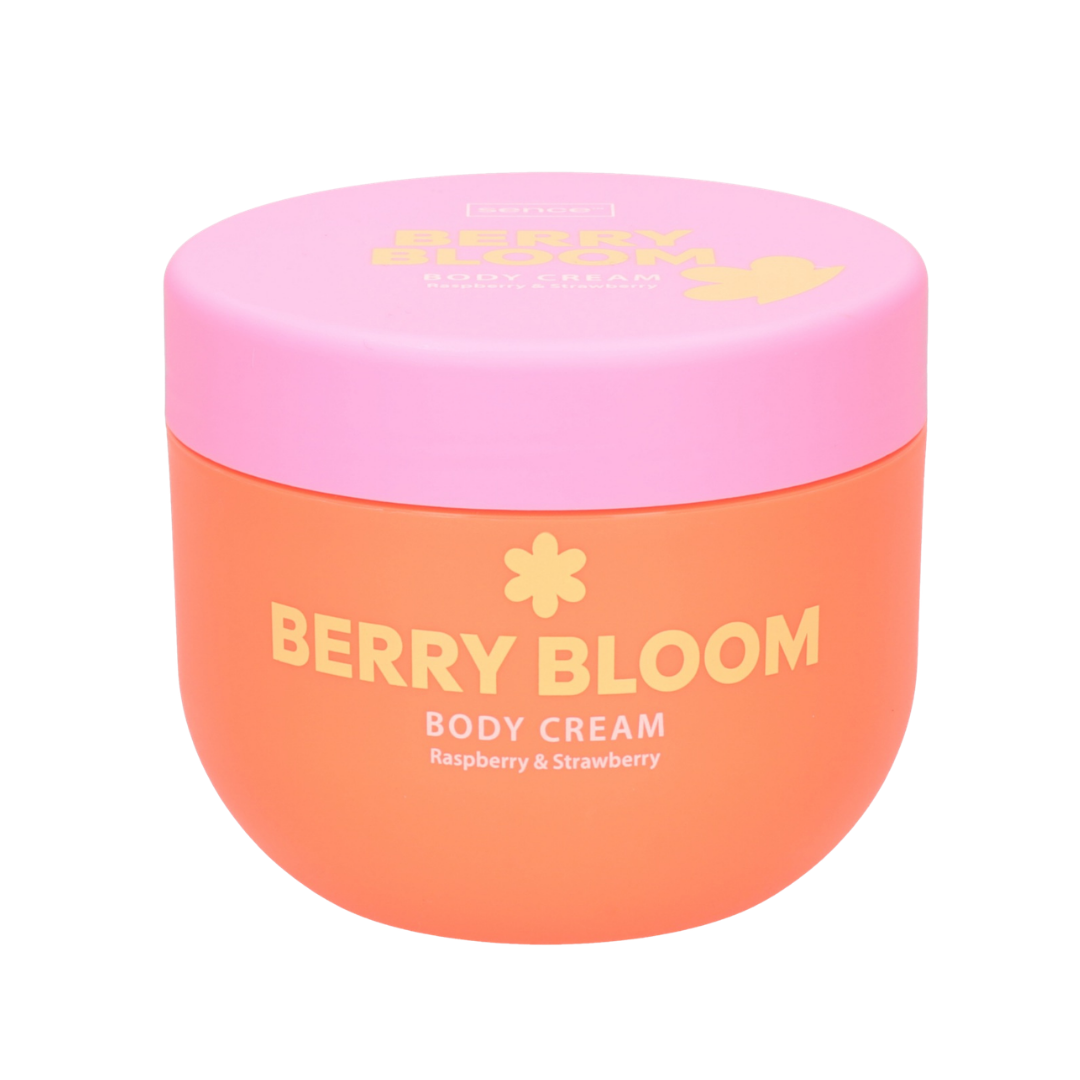 Sence Berry Bloom body cream jar with pink and orange packaging, raspberry and strawberry design, 400ml.