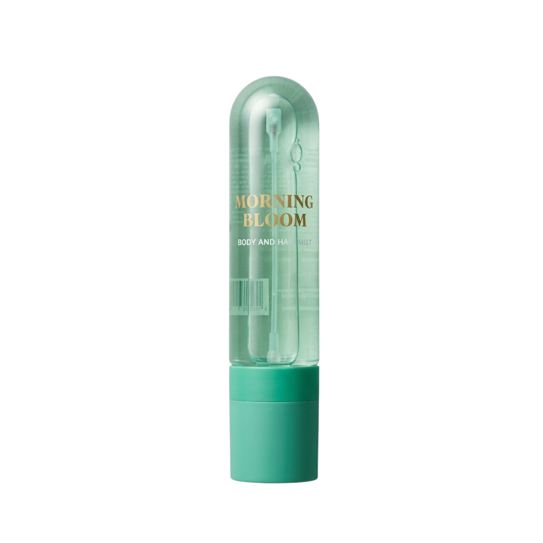 Sence Morning Bloom body and hair mist bottle with green packaging and transparent cap, 100ml.