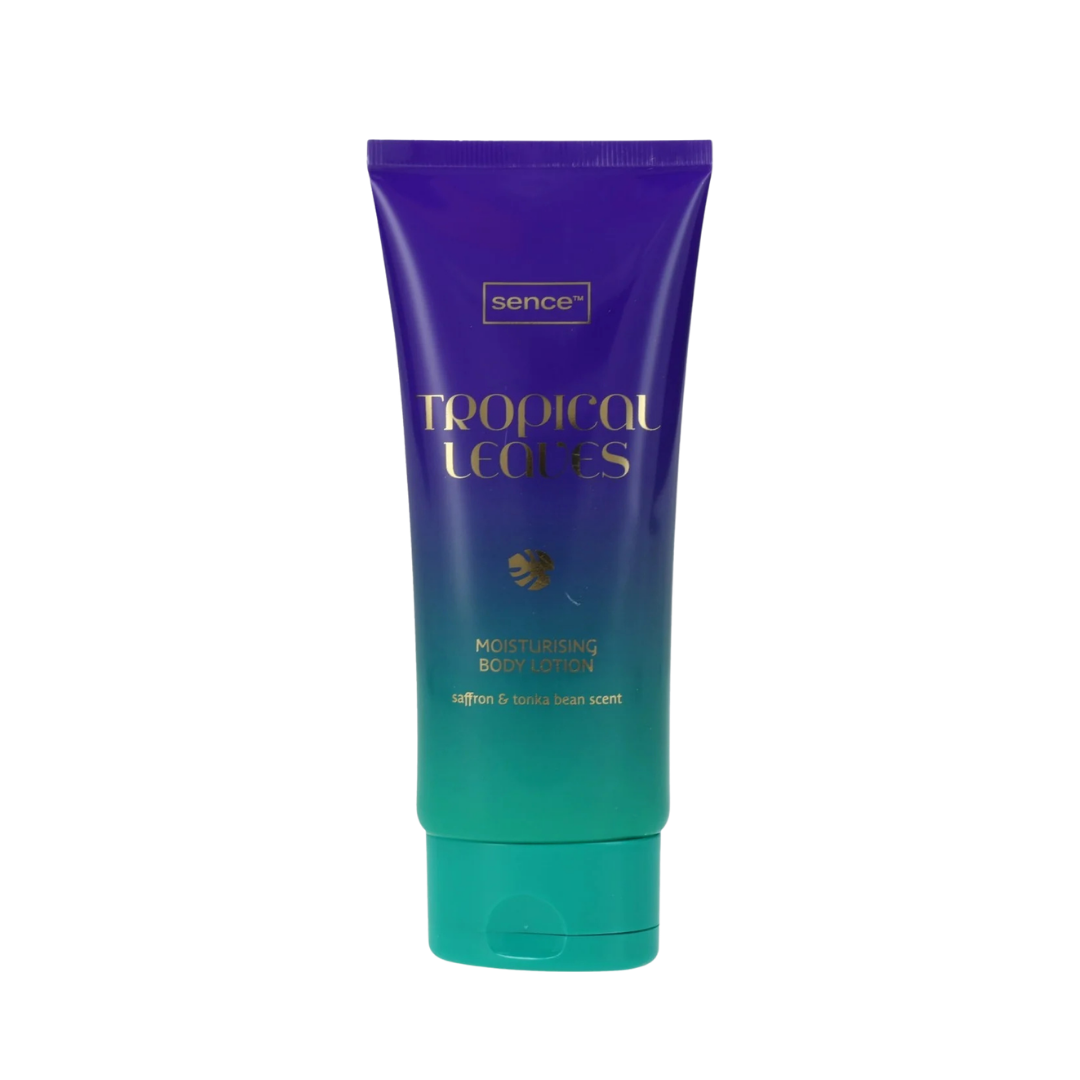 Sence Sunset Tribe body lotion tube with purple and green gradient packaging, saffron and tonka bean scent, 150ml.