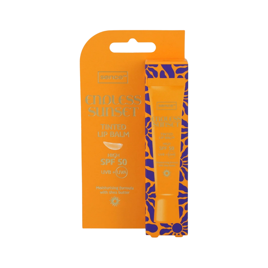 Sence Endless Sunset tinted lip balm with SPF 50, orange packaging and shea butter formula, 15ml.