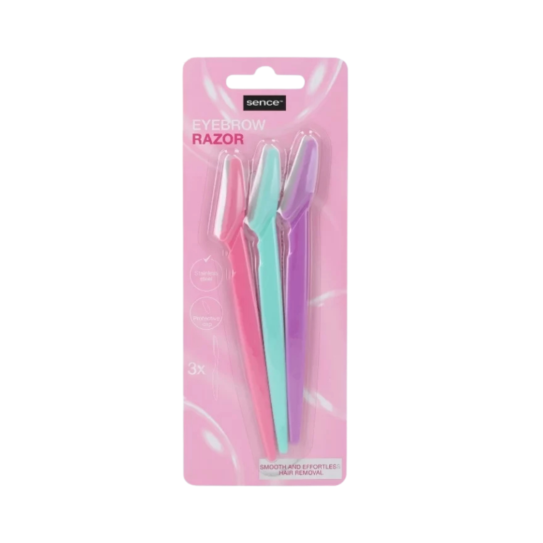 Sence eyebrow razors with colorful handles and protective caps, 3 piece pack.