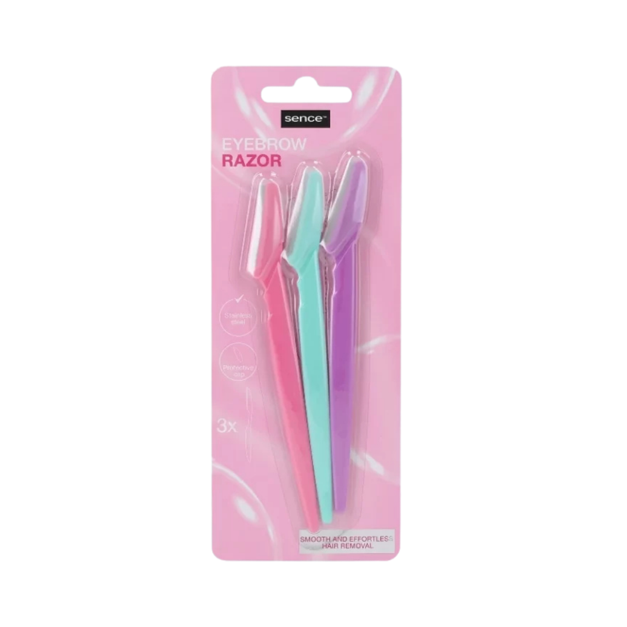 Sence eyebrow razors with colorful handles and protective caps, 3 piece pack.