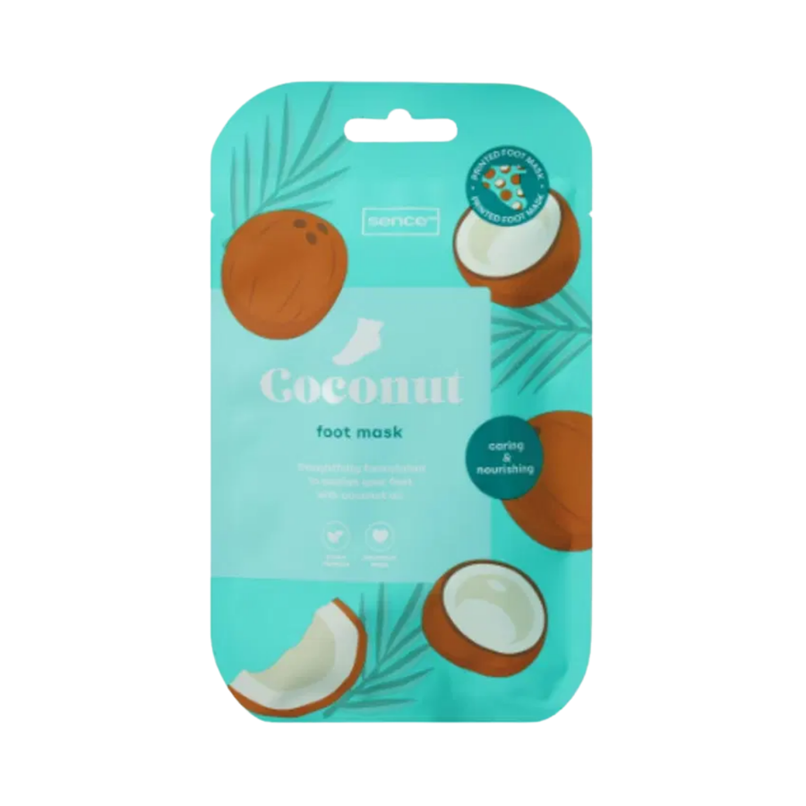 Sence Coconut foot mask with turquoise packaging, coconut design, and nourishing formula, 2 piece set.