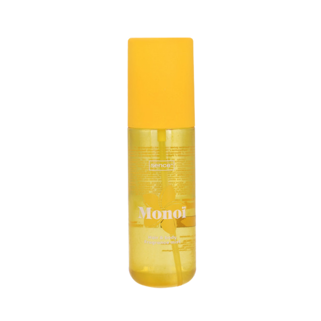 Sence Monoi hair and body mist bottle with yellow packaging and floral design, 100ml.
