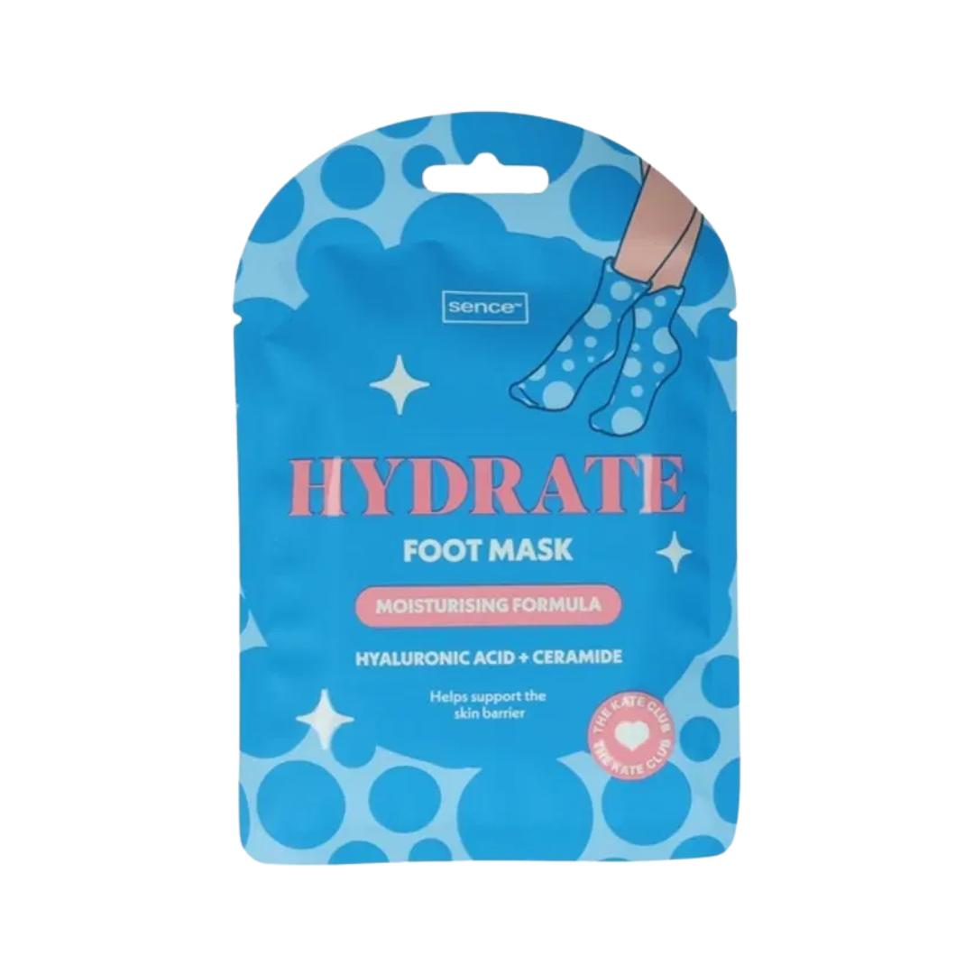Sence Hydrate foot mask with blue packaging, hyaluronic acid and ceramide formula, 2 piece foot mask set.