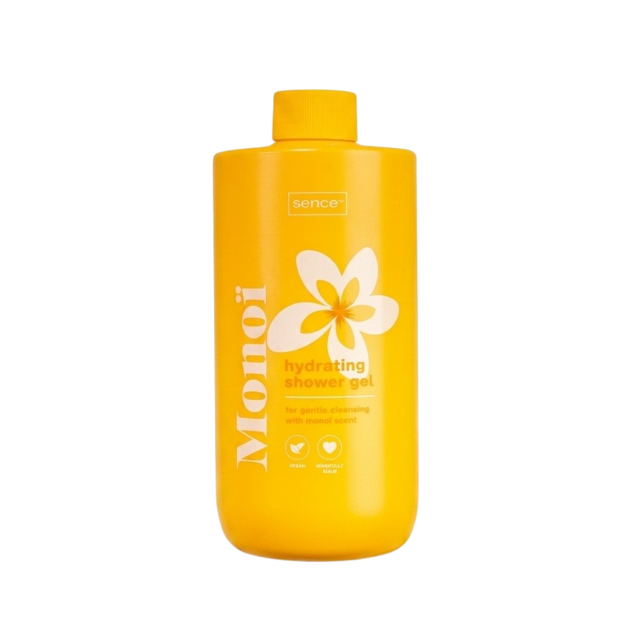 Sence Monoi hydrating shower gel bottle with yellow packaging and flower design, 500ml.