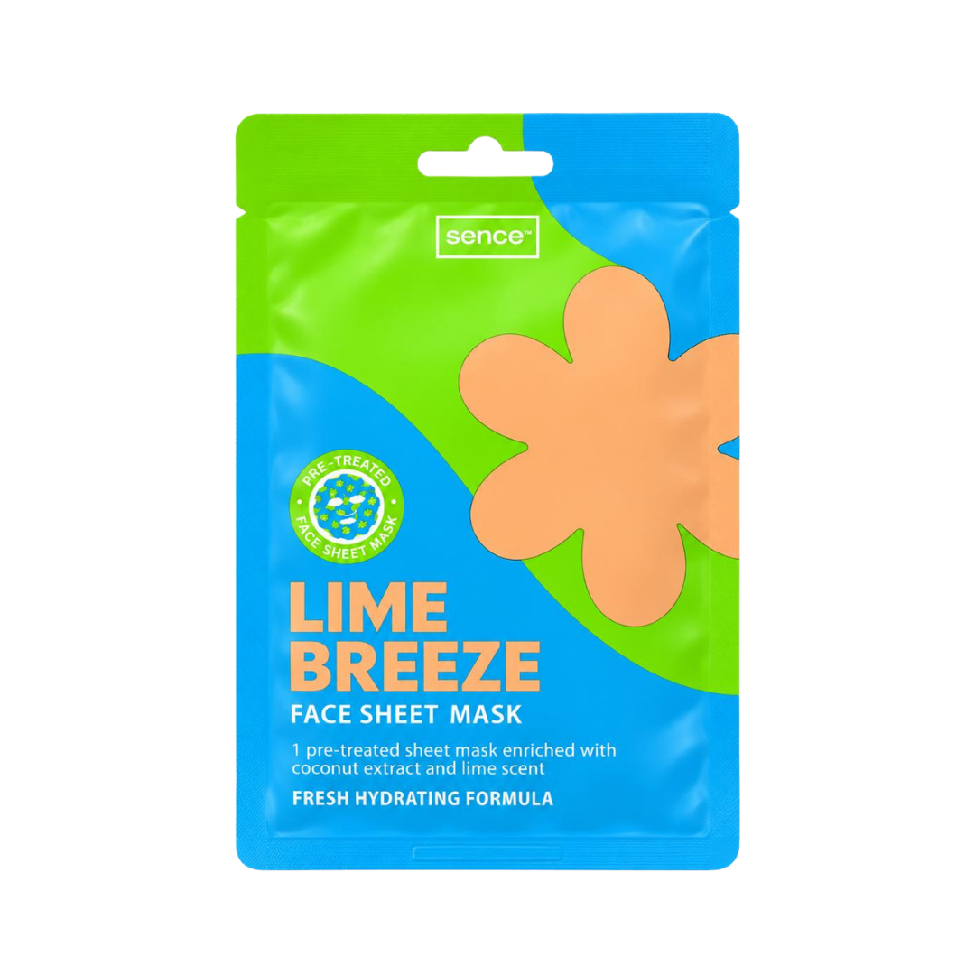 Sence Lime Breeze face sheet mask pouch with blue and green packaging, coconut extract and lime scent formula, 20ml.