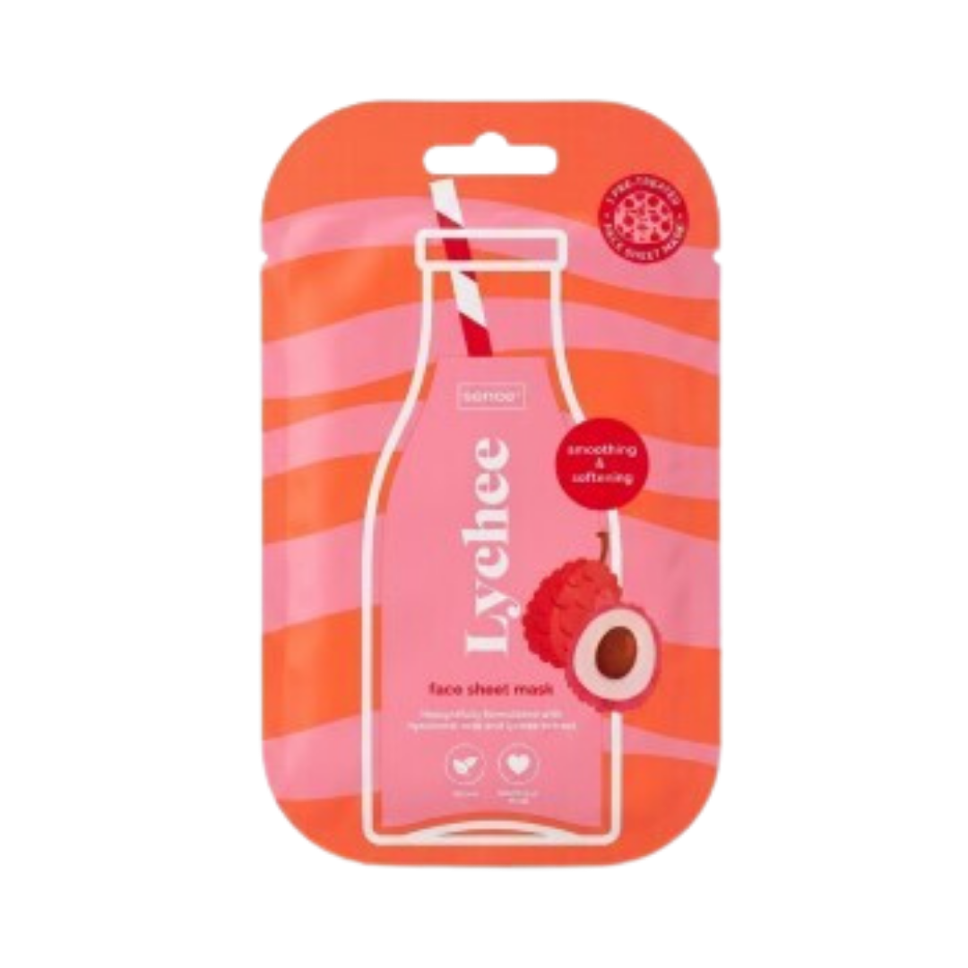 Sence Lychee face sheet mask with pink packaging and lychee fruit design, 20ml.