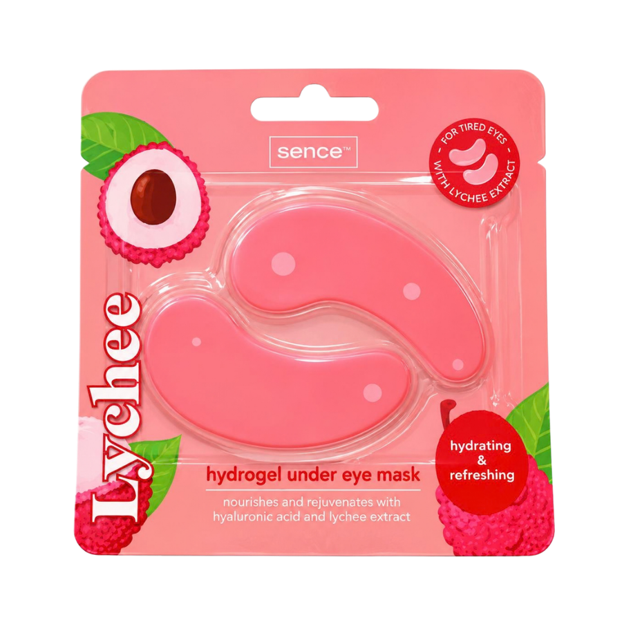 Sence Lychee hydrogel under eye mask patches with pink packaging and lychee fruit design, 6ml.