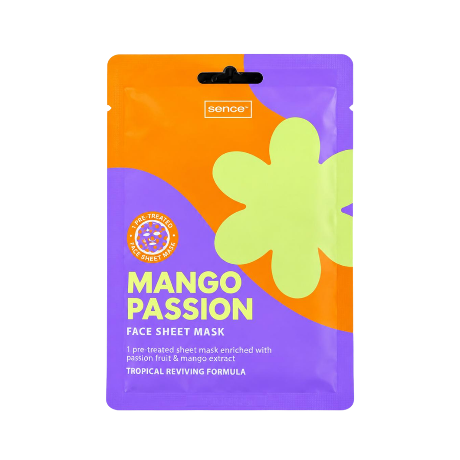 Sence Mango Passion face sheet mask pouch with purple and orange packaging, mango and passion fruit extract formula, 20ml.
