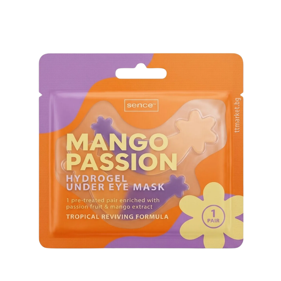 Sence Mango Passion hydrogel under eye mask patches with orange packaging and tropical fruit design, 6ml.