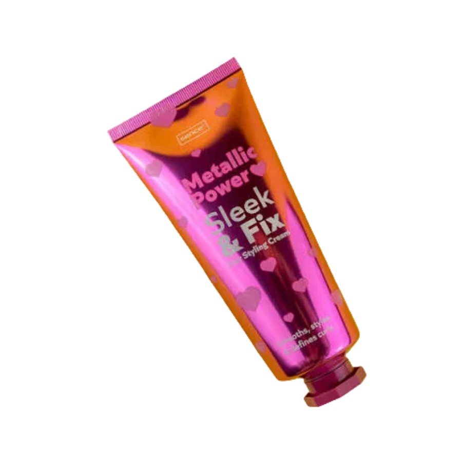 Sence Metallic Power Sleek & Fix hair gel styling cream tube with purple and orange packaging, 150ml.
