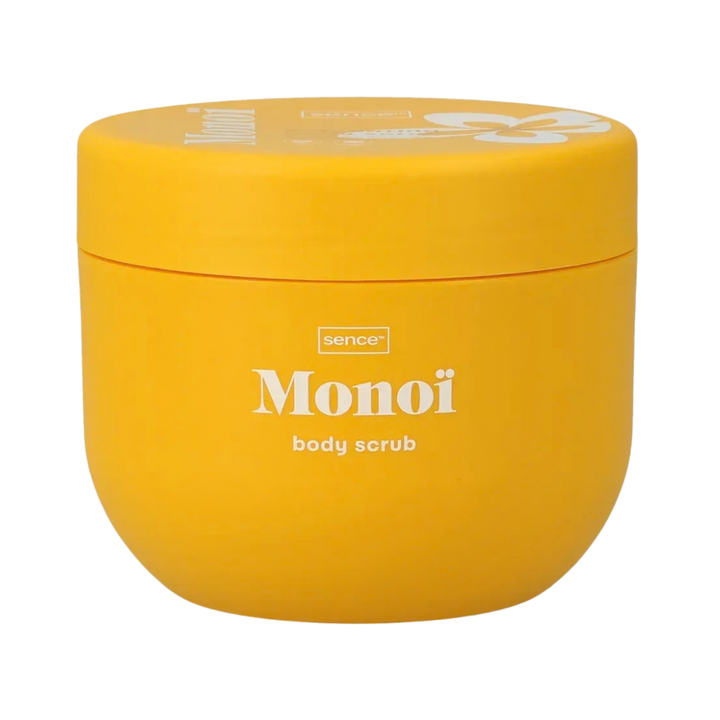 Sence Monoi body scrub jar with yellow packaging and tropical flower design, 400ml.