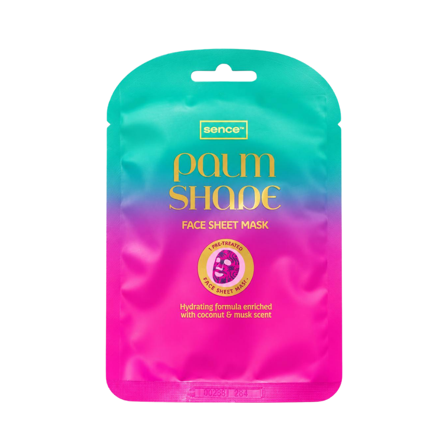 Sence Palm Shape face sheet mask pouch with turquoise and pink packaging, coconut extract and musk scent formula.