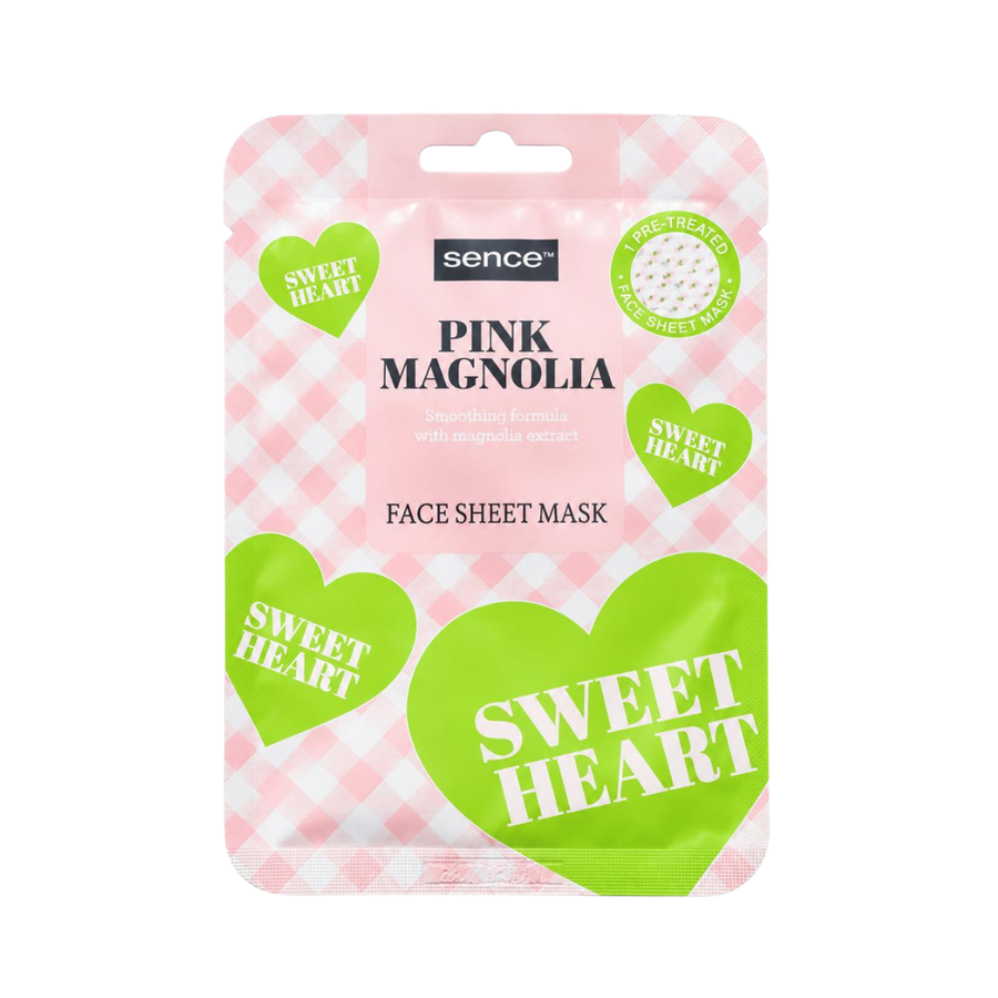 Sence Pink Magnolia face sheet mask pouch with pink and green packaging, magnolia extract formula, 20ml.