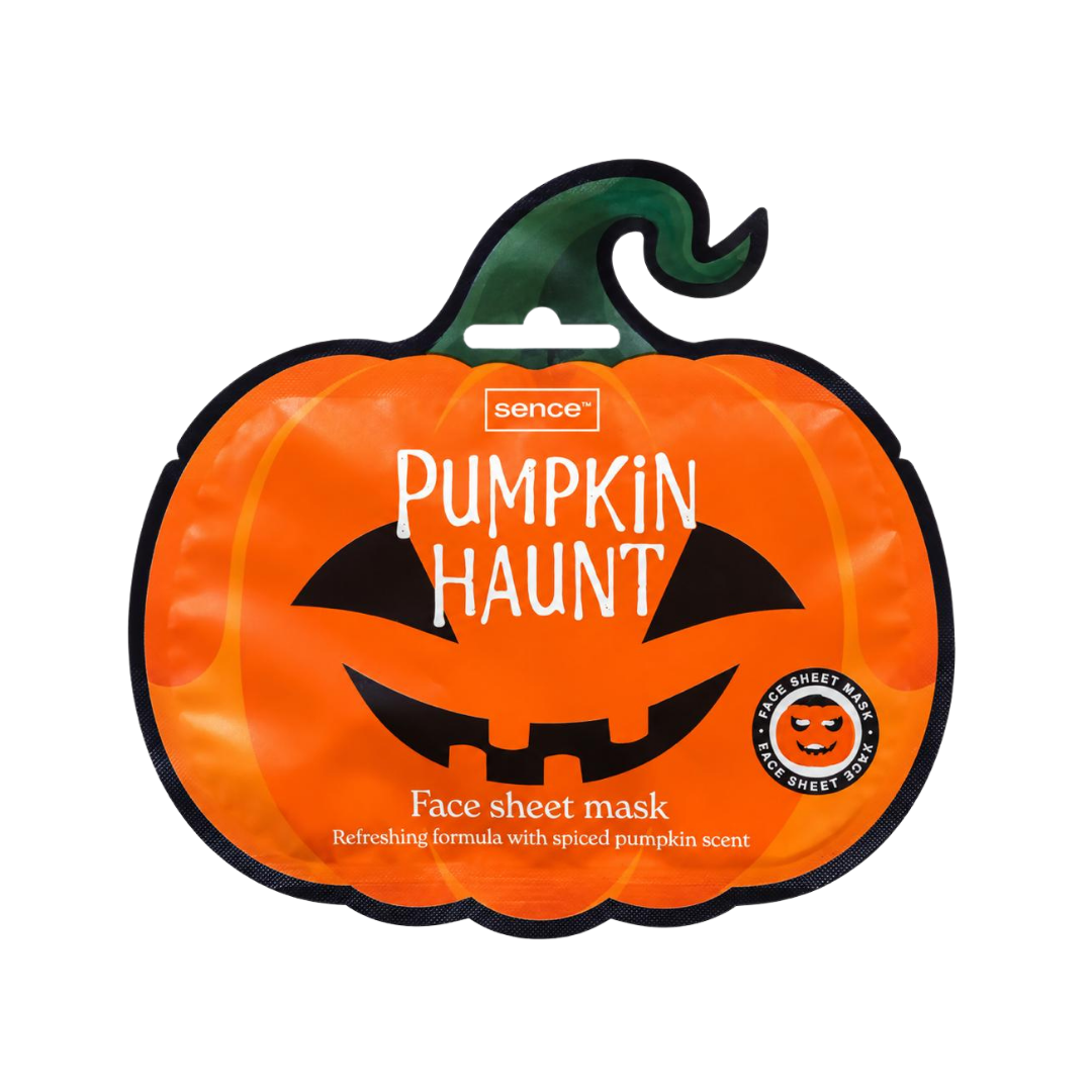 Sence Pumpkin Haunt face sheet mask pouch with orange pumpkin-shaped packaging and spiced pumpkin scent formula.