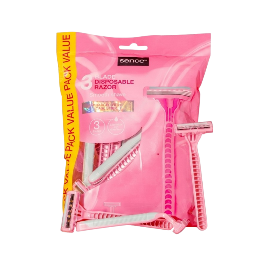 Sence disposable razors with triple blades, pink packaging, and smooth shave design, 24 piece pack.