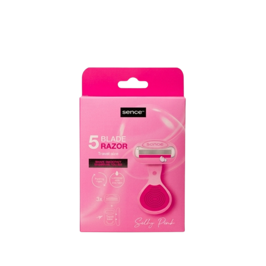 Sence travel shaving razors with 5 blades, pink packaging, and compact design, 3 piece pack.