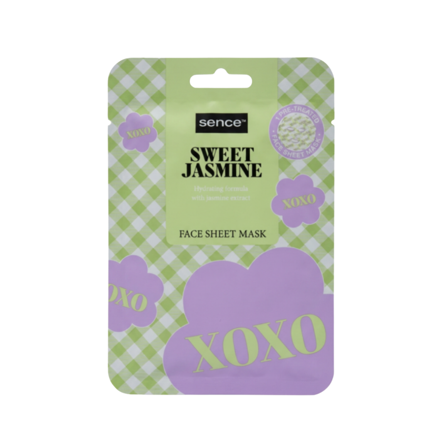 Sence Sweet Jasmine face sheet mask pouch with green and purple packaging, jasmine extract formula, 20ml.