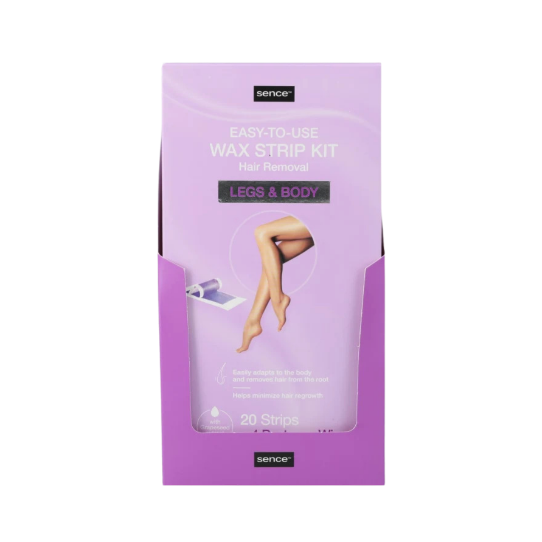 Sence wax strip kit for legs and body with purple packaging, 20 wax strips and post wax wipes.