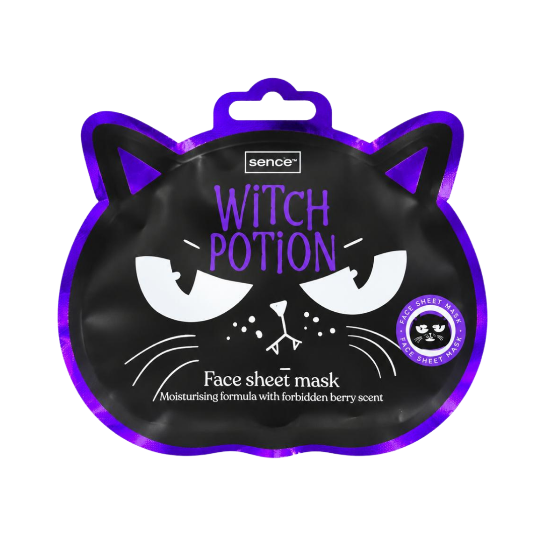 Sence Witch Potion face sheet mask pouch with black and purple cat design, berry scent formula, 23ml.