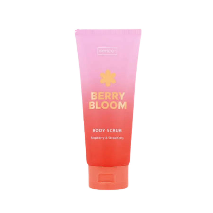 Sence Berry Bloom body scrub tube with pink and orange packaging, raspberry and strawberry design, 150ml.
