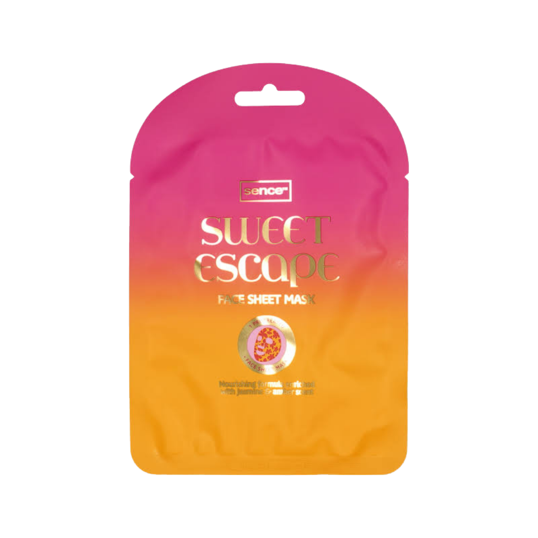Sence Sweet Escape sheet face mask pouch with pink and orange gradient packaging, 20ml.