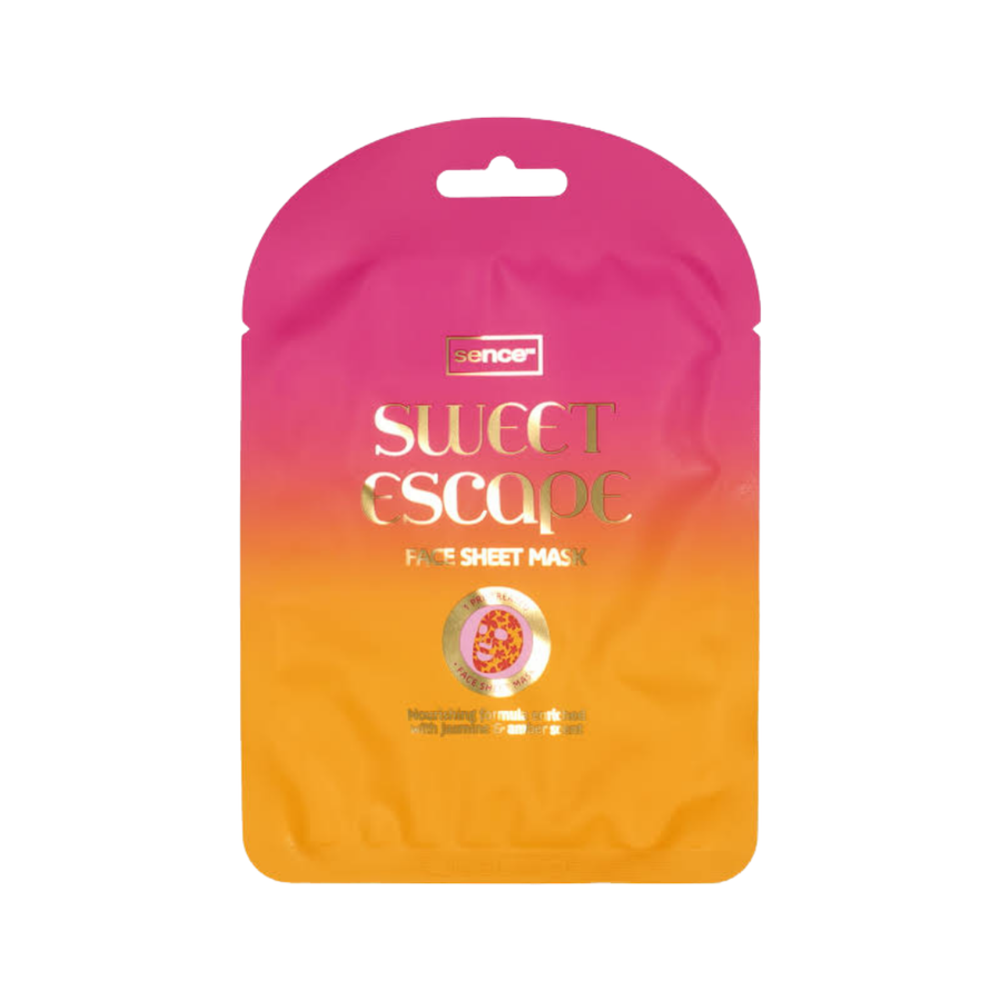 Sence Sweet Escape sheet face mask pouch with pink and orange gradient packaging, 20ml.