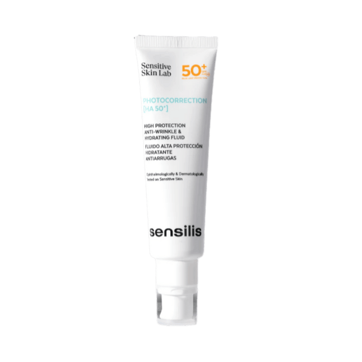 Sensilis Photocorrection HA 50+ SPF50+ hydrating fluid sunscreen 50ml in white squeeze tube packaging.