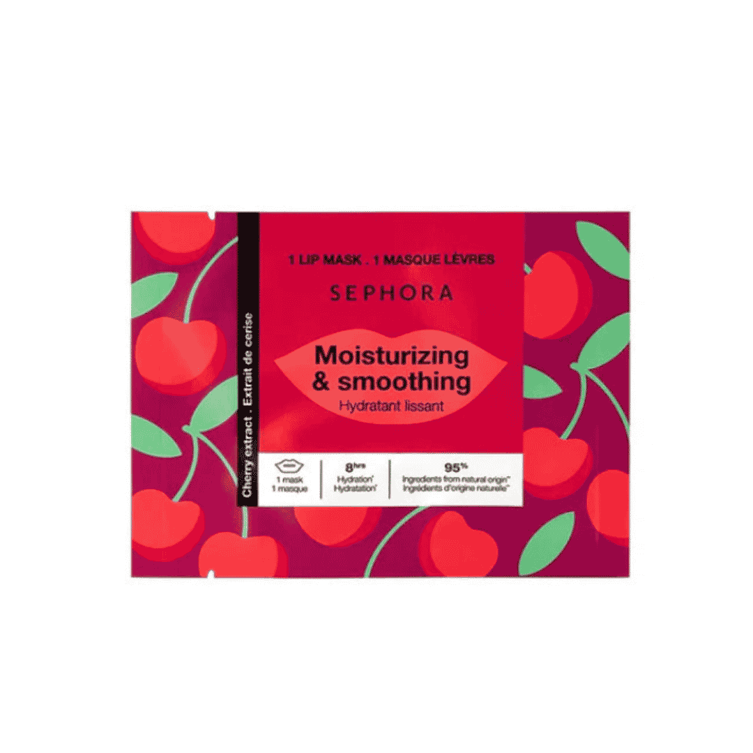 Sephora moisturizing and smoothing cherry lip mask sachet with red cherry print packaging