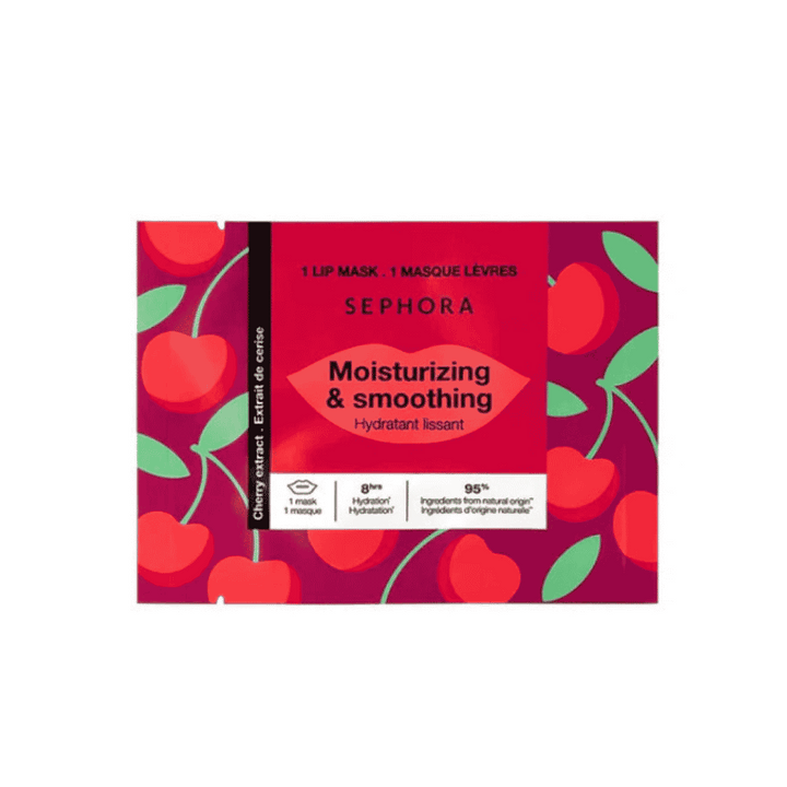 Sephora moisturizing and smoothing cherry lip mask sachet with red cherry print packaging