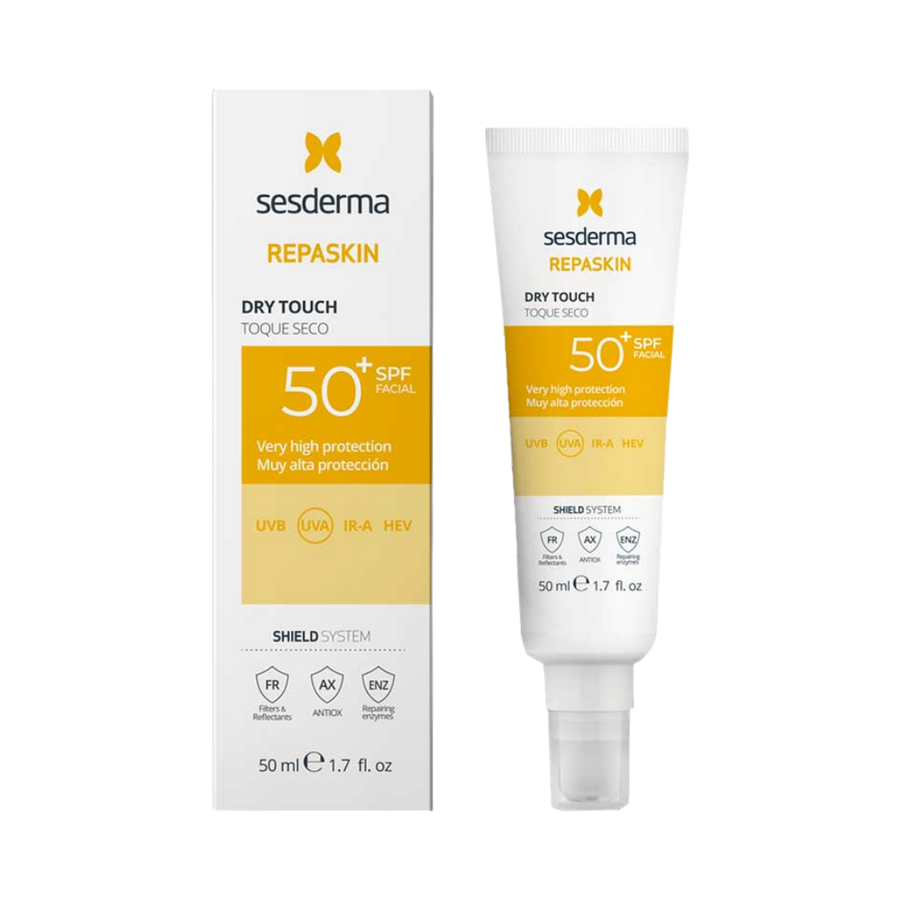 Sesderma Repaskin Dry Touch Facial Sunscreen SPF 50+, 50ml, with SHIELD SYSTEM for UV, UVA, IR-A, and HEV protection.