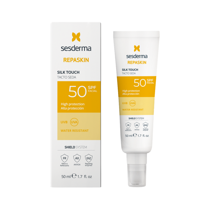 Sesderma Repaskin SPF50 facial sunscreen 50ml tube with white and yellow packaging pump bottle