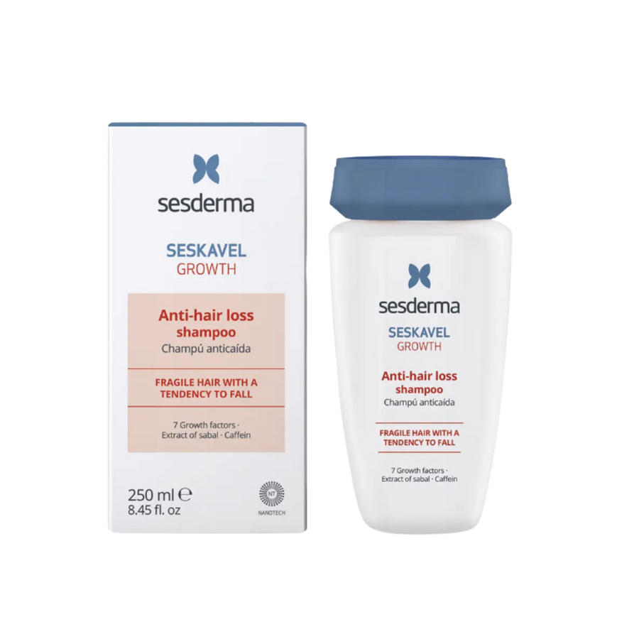 Sesderma Seskavel Growth anti-hair loss shampoo bottle and box, fragile hair treatment, 250 ml.