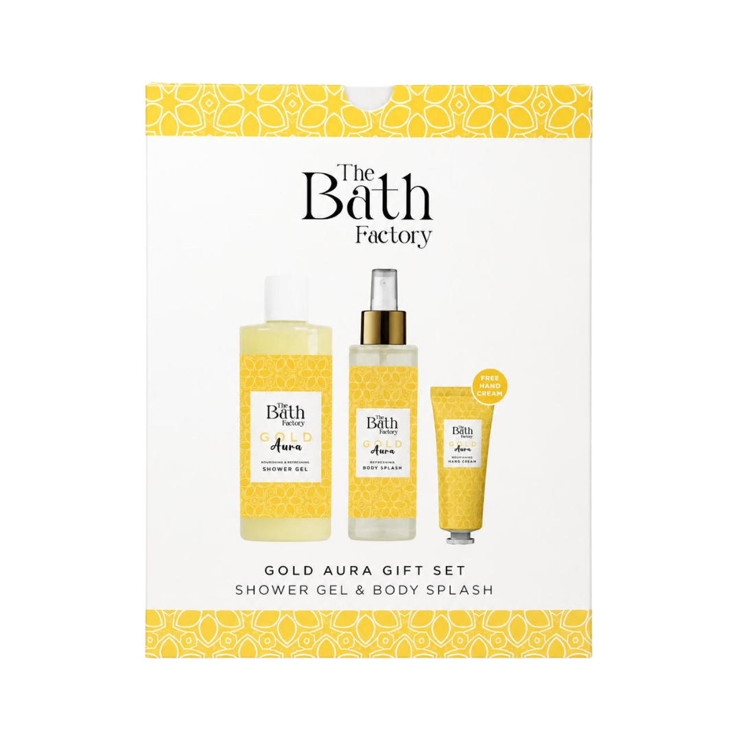 SiNOZ The Bath Factory Gold Aura gift set, shower gel, body splash, hand cream, yellow box.