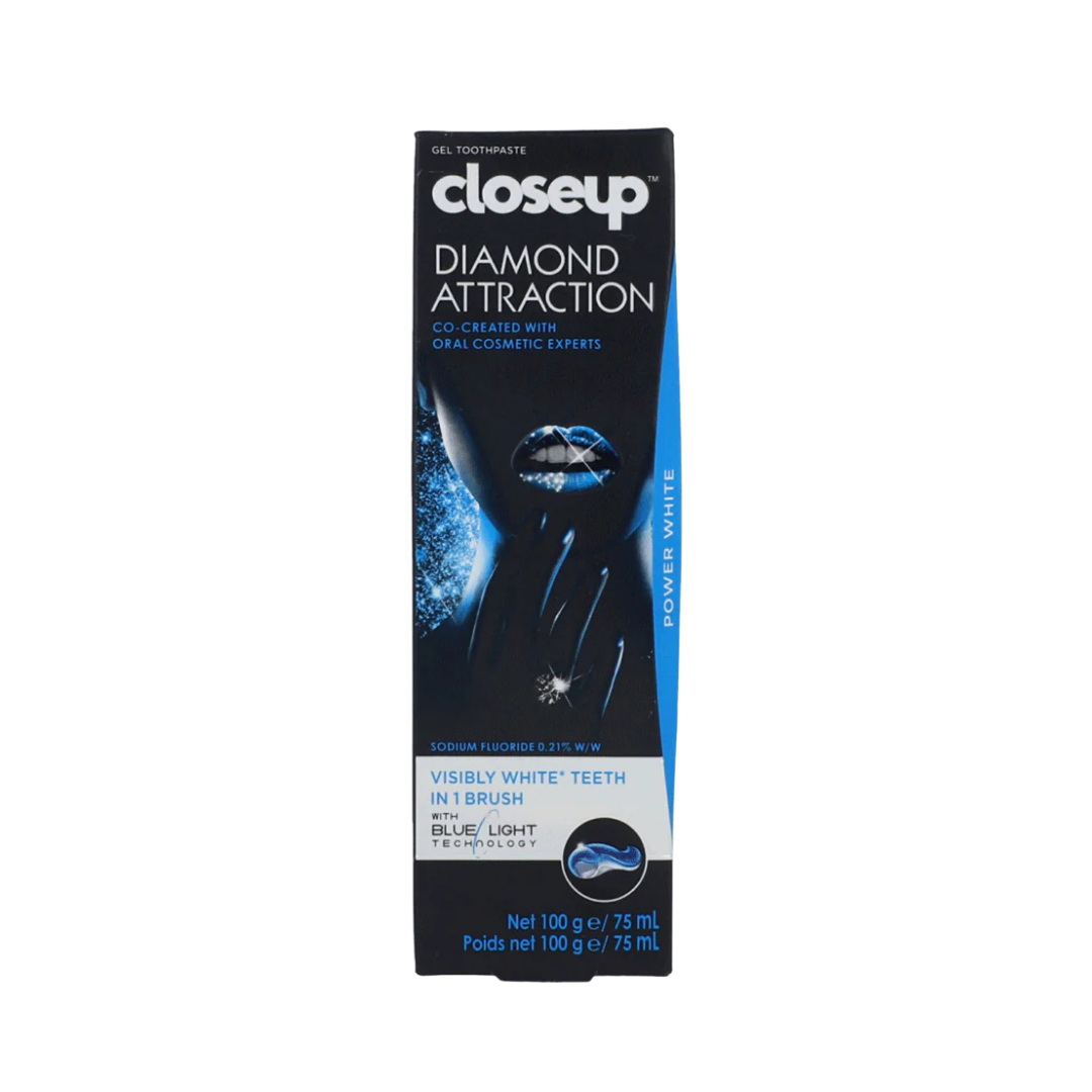 Closeup Diamond Attraction Power White toothpaste 75ml box with black and blue packaging