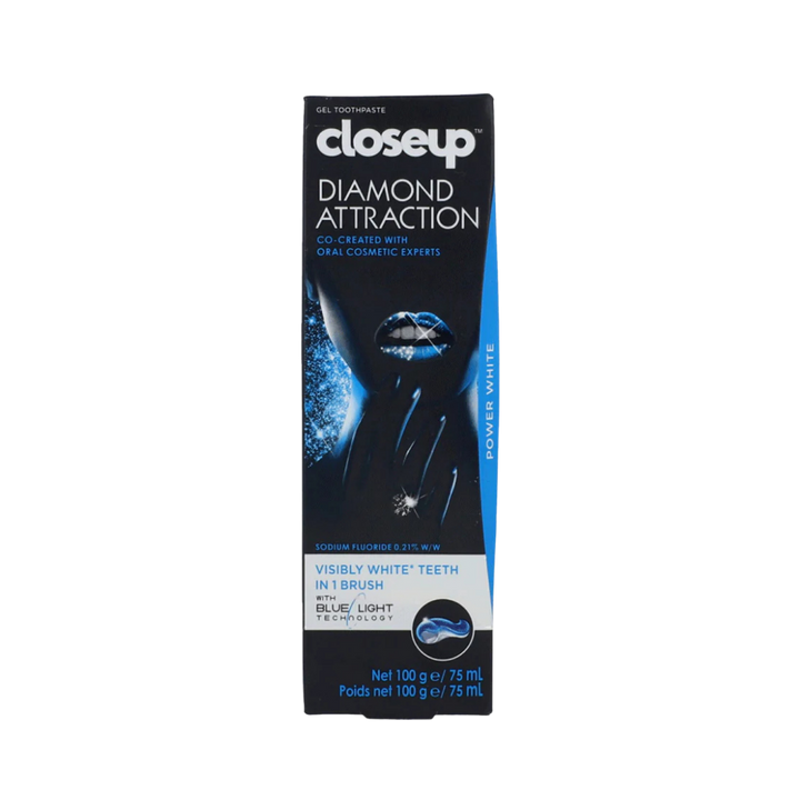 Closeup Diamond Attraction Power White toothpaste 75ml box with black and blue packaging