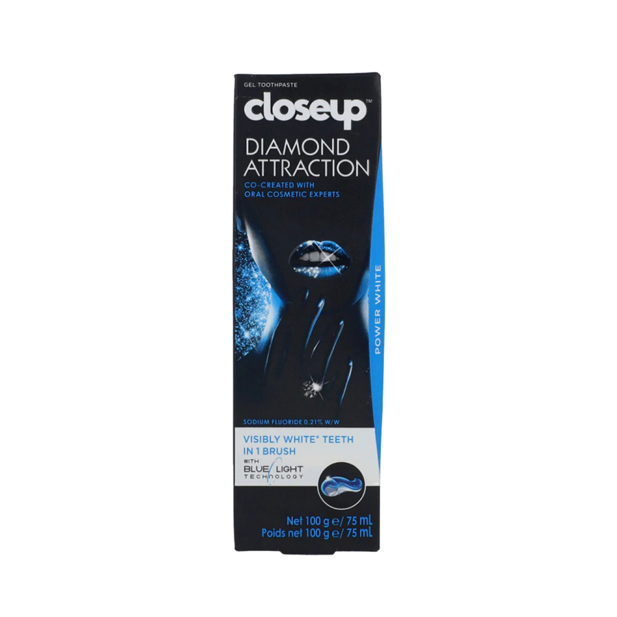 Closeup Diamond Attraction Power White toothpaste 75ml box with black and blue packaging