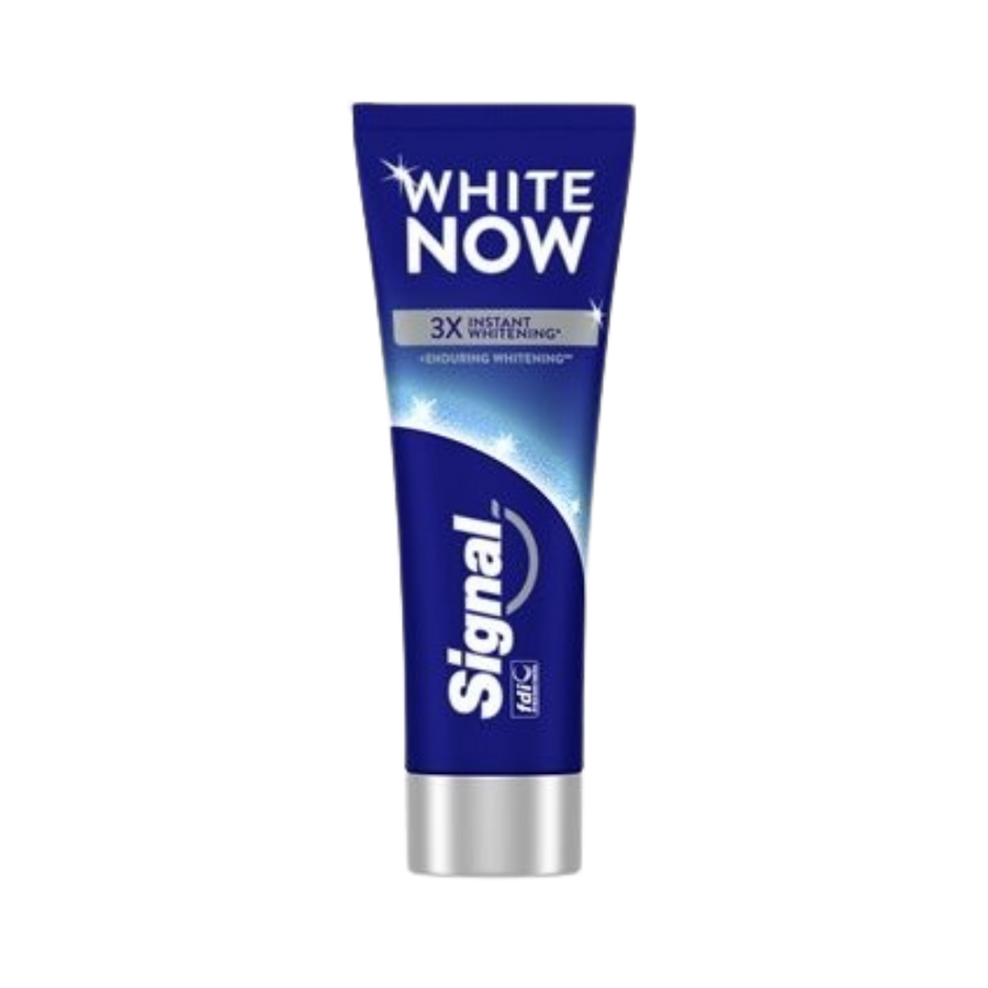 Signal White Now 3X Instant Whitening toothpaste tube 75ml blue packaging silver cap brand Signal logo
